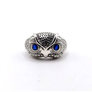 925 Sterling Silver Owl Ring Blue CZ Adjustable Band